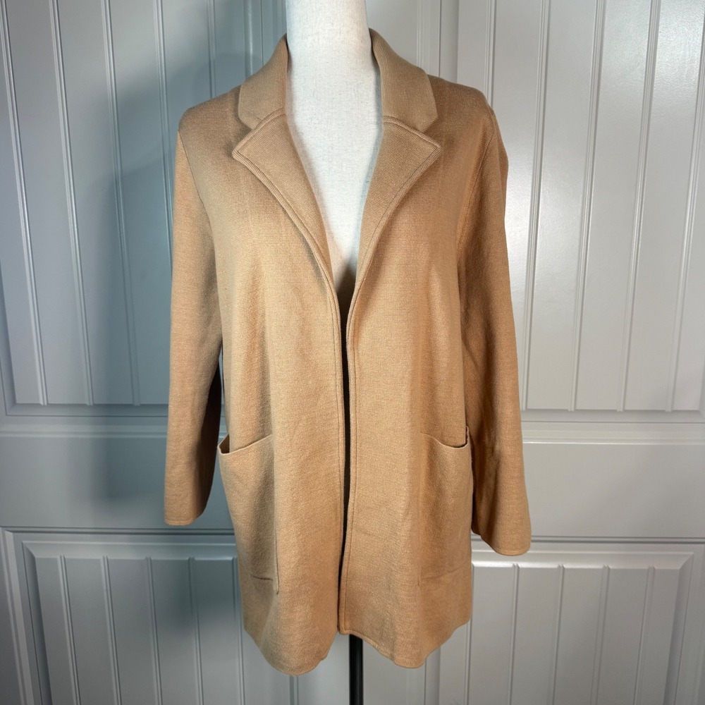 Quince Organic Cotton Knit Sweater Blazer Medium Camel Quiet Luxury Office